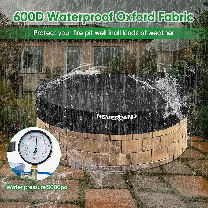 NEVERLAND Round Fire Pit Cover for In-Ground Fire Pits, 52-57 Inch Heavy Duty 600D Waterproof Outdoor Firepit Cover, Fits Built-In Stone Fire Pits, Black