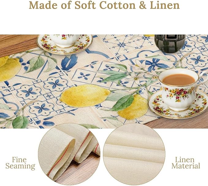 Vintage Lemon Table Runner, Watercolor Yellow Lemons Blue Tiles Spring Summer Seasonal Kitchen Dining Table Decoration for Indoor Outdoor Party, 13x120inch