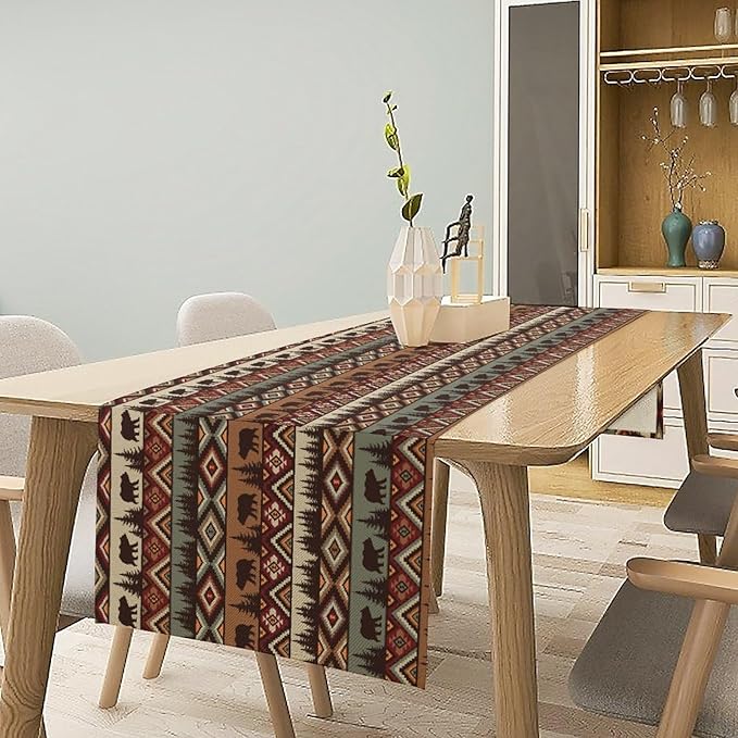 Rustic Bear Table Runner, Cabin Wild Animal Deer Moose Pine Tree Aztec Native Western Farmhouse Hunting Camping Table Runner for Kitchen Dining Home Party 13x90in