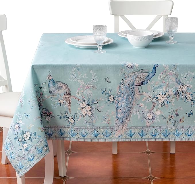 Maison d' Hermine Premium Table Cloth Rectangle Table 100% Combed Cotton 120 x 70 Inches Tablecloth Reusable Decorative for Dining Room Home Party Festive Wedding - Peacock Utopia - Pastel Turquoise