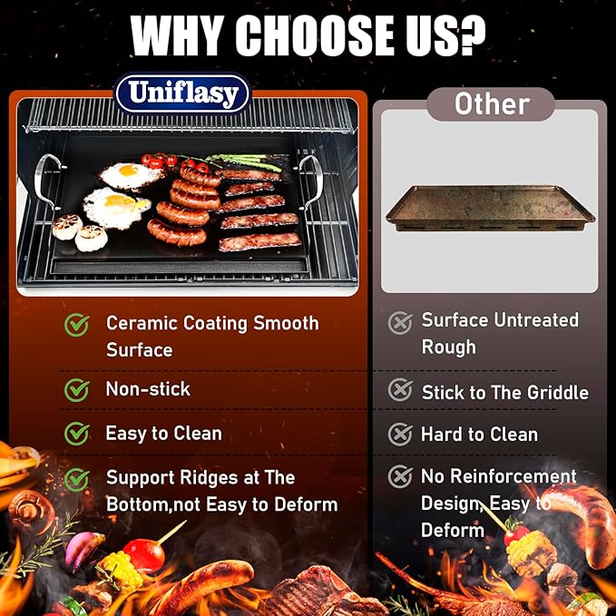Uniflasy Nonstick Griddle for Gas Grill, Cast Iron Griddle for Outdoor Gas & Charcoal Grills, 25" x16" Nonstick Coating FlatTop Insert Cooking Pan for Weber Charbroil Camp Chef Grill