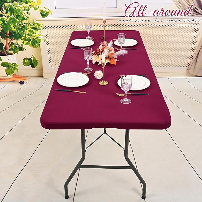 10 Pack Stretch Fabric Table Top Cap Cover, Wine Red Table Covers fits 8Ft Tables, Washable Elastic Universal Rectangle Tablecloth Protector for Indoor Outdoor Party Picnic Wedding (30" W x 96" L)