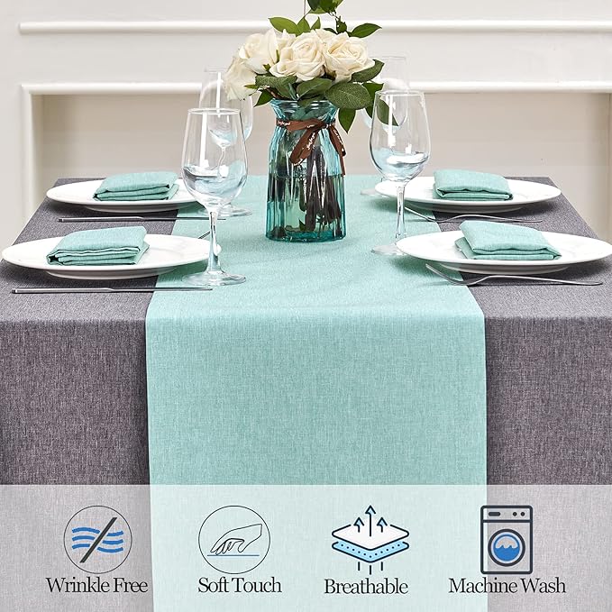 Mebakuk Linen Farmhouse Table Runner Large Burlap Style Soft and Waterproof Decorative Fabric Runner for Outdoor Wedding and Dinner (14 x 90 Inch, Turquoise Blue)