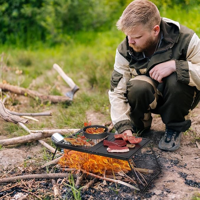Folding Campfire Grill Grate, Portable Heavy Duty Steel Mesh Over Fire Camp Grill, Camp Fire Cooking Equipment with Legs & Carrying Bag, Grilling Rack for Outdoor BBQ Picnic