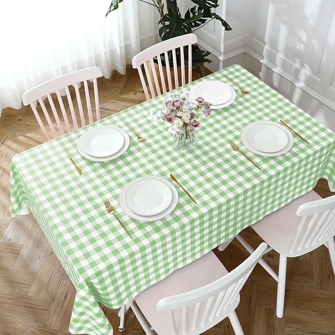 Romanstile Rectangle Vinyl Tablecloth, 100% Waterproof Buffalo Gingham Plastic Table Cloth, Heavy Duty Wipeable Checkered Table Covers for Outdoor, Camping, Picnic, Patio - 54 x 120, Light Green