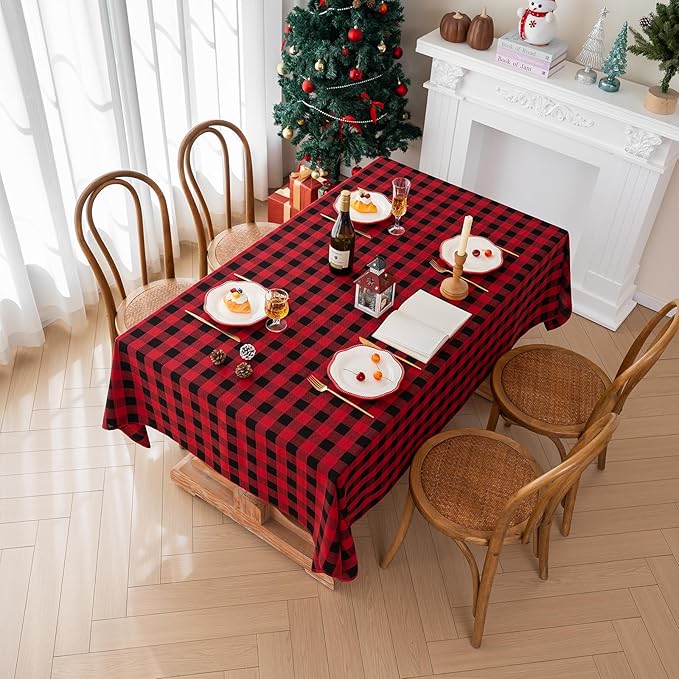 Gingham Christmas Tablecloth Heavy Duty Cotton Blend Red 60x102 inch Plaid Christmas Table Cloth Reusable Waterproof Foldable Tablecloths Xmas Table Cover for New Year Party Decor