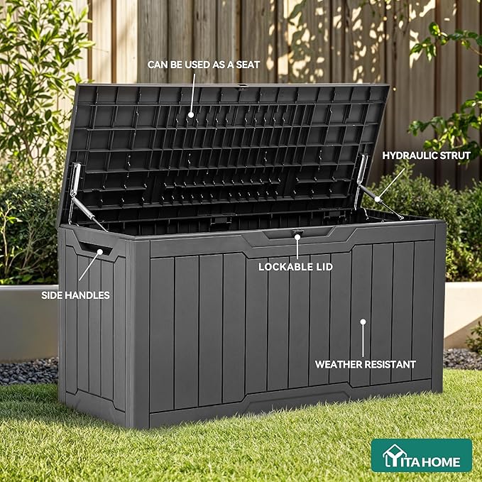 YITAHOME 100 Gallon Outdoor Storage Box, Large Water Resistant Resin Deck Box, Indoor Outdoor Lockable Storage Container for Patio, Garden, Cushions, Tools, Equipment (Dark Gray)