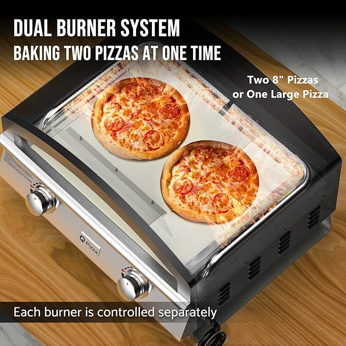 Outdoor 2-Burner Gas Pizza Oven, 25" Large Capacity Pizza Maker, Versatile Grill Stove with 19" Baking Stone for Steak Meat Seafood, OuPropane Grill Oven for Cooking