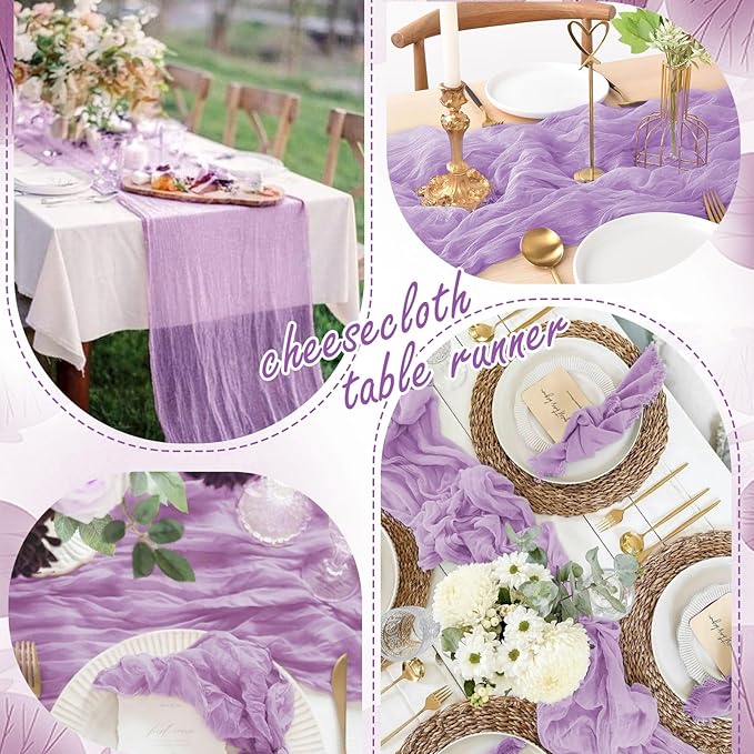 8 Packs Cheesecloth Table Runner 10FT Long Boho Gauze Fabric Table Runner Vintage Rustic Sheer Runners for Wedding Party Bridal Baby Shower Table Decorations (Lilac)