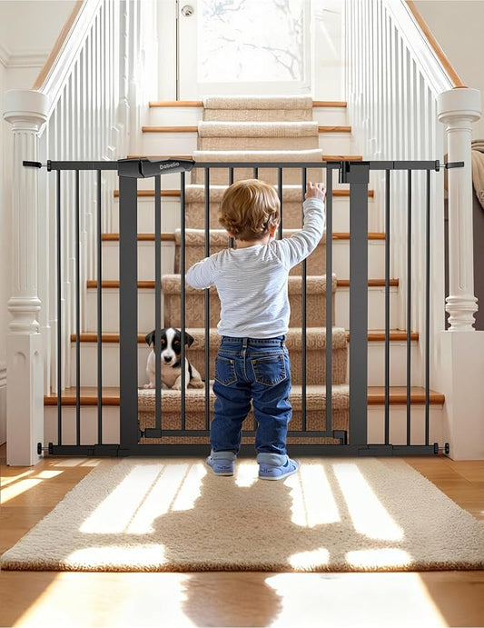 Babelio Metal Auto Close Baby Gate PressGuard P7, 29-48" Wide 30" Tall Extra Wide Pet Gate for The House and Doorways, Pressure Mounted Walk Thru Child Gate with Door, Black