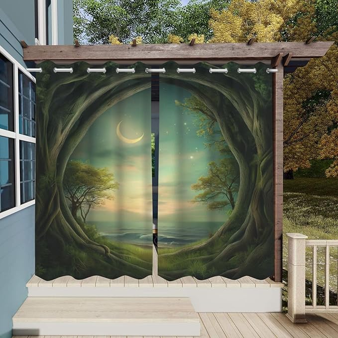 Forest Theme Waterproof Outdoor Curtains for Patio,Trees Moon Lake Pattern,Privacy Weatherproof Grommet Outside Curtains for Porch, Pergola, Cabana,2 Panels,W36 x L84,Green