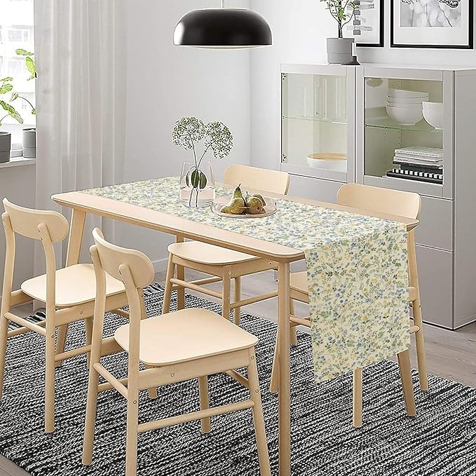 Rustic Flower Table Runner, Spring Sage Green Eucalyptus Leaves Watercolor Floral Flower Plant Leaves Print Table Cover for Dinning Holiday Home Picnic Party Decor, 13x108inch