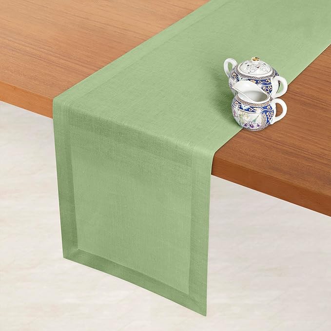 D'Moksha Homes Linen Sage Green Table Runner 84 Inches Long - 100% Pure Linen 14 x 84 Inch Table Runner for Dining, Winter, Holiday - Machine Washable