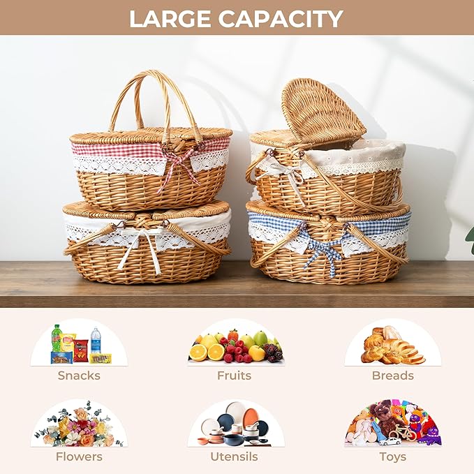 GRANNY SAYS Wicker Picnic Basket for 2 with Handles, Woven Cute Boo Basket with Washable Liner & Dual-Flip Lid, Vintage Large Picnic Baskets for Camping, Outdoor, Easter, Gift, Costume, Flower Liner