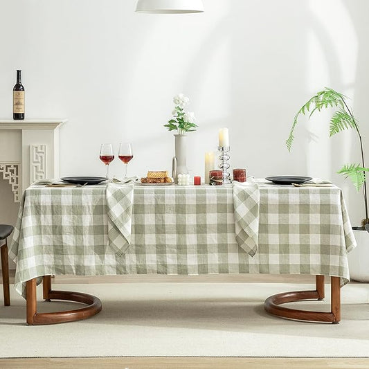 EVERLY 100% Yarn-Dyed Linen Rectangle Tablecloths 60x132Inches for Dining,Buffet Parties,Picnic,Events and Restaurants,Decorative Halloween,Thanksgiving Machine Washable Tablecloths-Sage Green Plaid