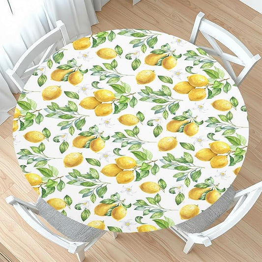 Lemon Round Fitted Tablecloth with Elastic Spring Summer Yellow Lemons Circle Table Cloth for 36-40" Round Tables Wipeable Waterproof Lemonade Party Farmhouse Table Cover for Picnic Dining Outdoor