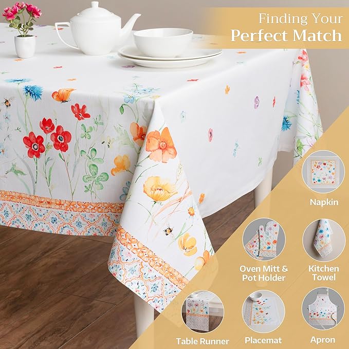 Maison d' Hermine Table Cloth Rectangle Table 100% Cotton 60 x 108 Inches Tablecloth Reusable Decorative for Dining Room, Farmhouse, Home, Party, Festive & Wedding Spring Summer - Summer Whisper