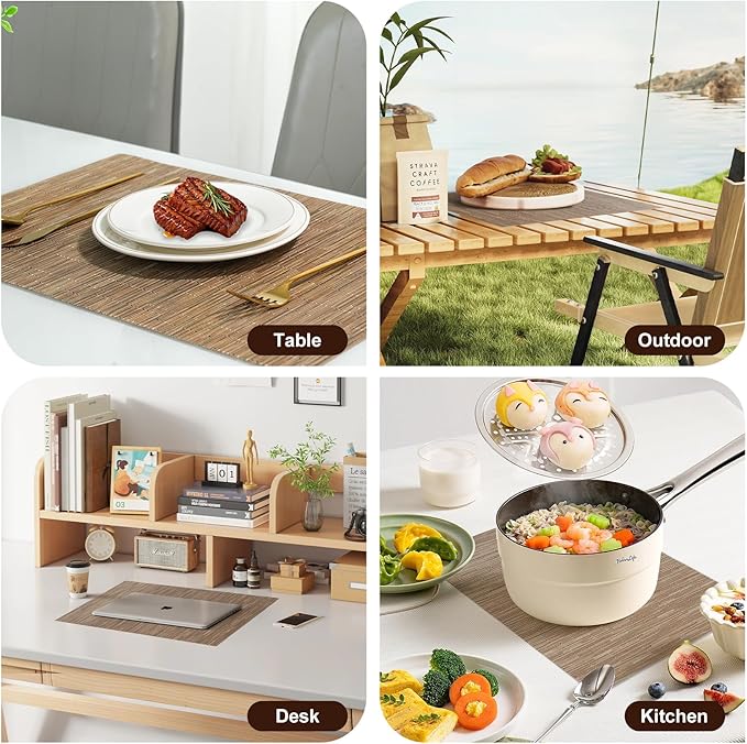 Placemats Set of 6，Non-Slip PVC Weave Table Mats Easy to Clean，Heat Resistant Place Mats for Kitchen Dining Table Decoration Indoor Outdoor，Light Brown