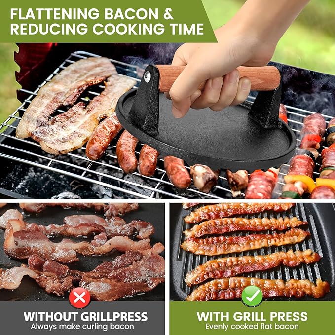 Smashed Burger Press, 7” Round Heavy-Duty Cast Iron Smash Meat Steak with Wooden Handle for Blackstone Griddle, Juicy and Crispy Burgers for BBQs, Cookouts
