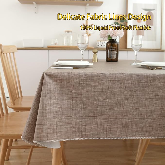 LIBERECOO Vinyl Tablecloth with Flannel Backing, Flaxen, Waterproof, Stain-Resistant, Easy-Clean Table Cover for Dining, Kitchen, and Outdoor Use, 60" x 102" Rectangle