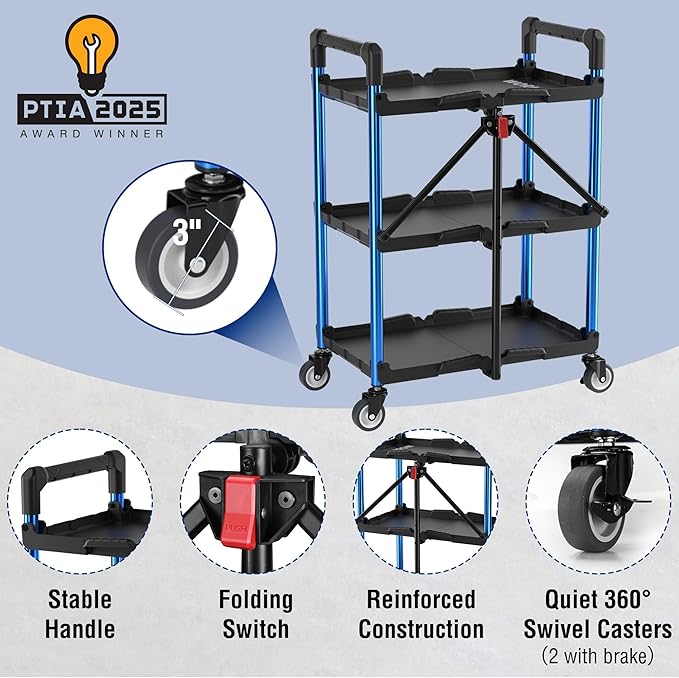 WORKPRO 3-Tier Collapsible Service Cart, 210 LBS Foldable Utility Service Cart with Wheels, Portable Tool Cart for Garage, Warehouse, Home, Restaurant, Office (No Assembly Required)