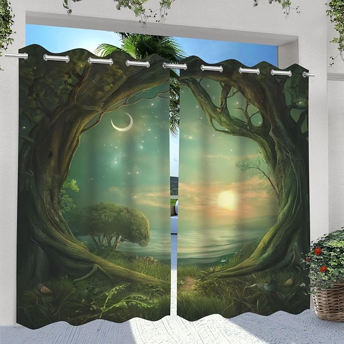 Forest Theme Waterproof Outdoor Curtains for Patio,Trees Moon Lake Pattern,Privacy, Grommet Curtains for Patio, Pergola, Porch, Deck, Lanai, and Cabana,2 Panels,W36 x L84,Green