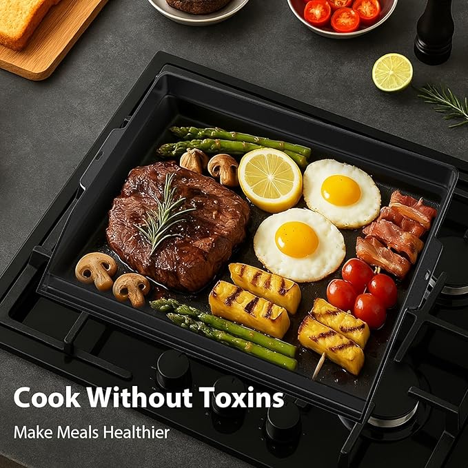 Utheer 17" x 13" Cast Iron Griddle for Gas Grill and Stove Top, Universal Flat Top Griddle with Pre-Seasoned Nonstick Coating, X-Shaped Reinforced Ridges, Perfect for Healthy Cooking, Parties, Camping