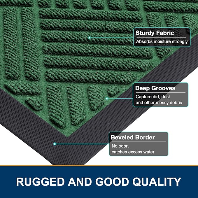 Smiry Front Door Mat Outside Entrance, Heavy Duty Outdoor Indoor Natural Rubber Doormat, Non Slip, Trap Dirt and Moisture, Easy Clean, Low Profile Patio Porch Entryway Mat, 59x35, Green