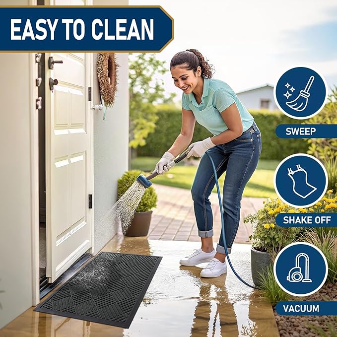 Smiry Front Door Mat Outside Entrance, Heavy Duty Outdoor Indoor Natural Rubber Doormat, Non Slip, Trap Dirt and Moisture, Easy Clean, Low Profile Patio Porch Entryway Mat, 71x23, Black