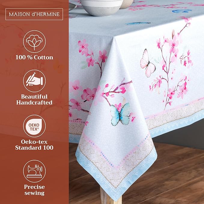 Maison d' Hermine Table Cloth Rectangle Table 100% Cotton 70 x 108 Inches Tablecloth Reusable Decorative for Dining Room, Farmhouse, Home, Party, Festive & Wedding Spring Summer - Blossoms in Spring