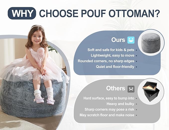 Round Pouf Ottoman for Living Room 20"x15" Bean Bag Ottoman Soft Top Comfortable Small Foot Stool Foot Rest Pouf Brown Tall Footstool Ottomans Round Hassock Boho Furniture Floor Poufs for Sitting