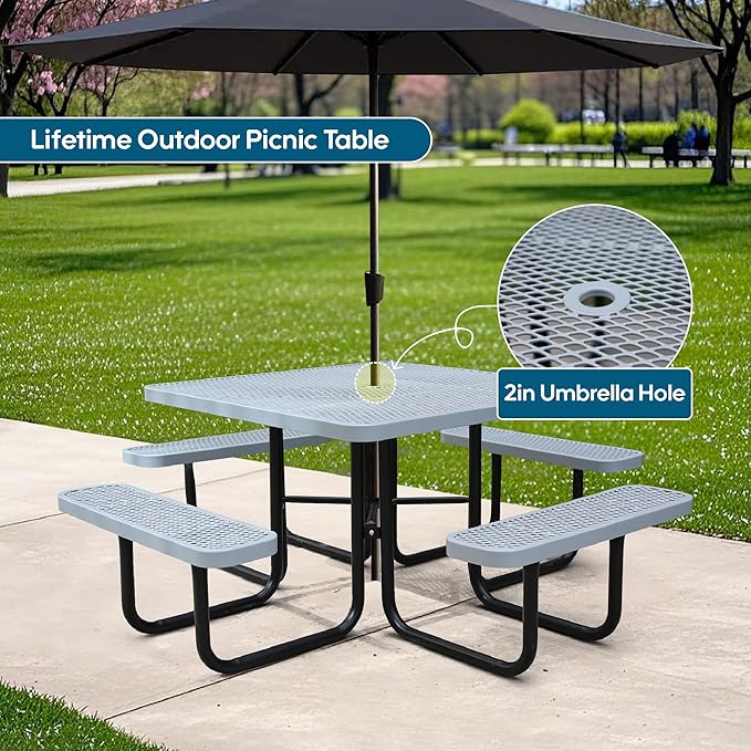 46'' Square Metal Picnic Table for Outdoors, Commercial Steel Metal Picnic Tables, Heavy Duty Sturdy Picnic Tables Furniture Set for Patio Garden Courtyard BBQ, with Umbrella Hole, Grey