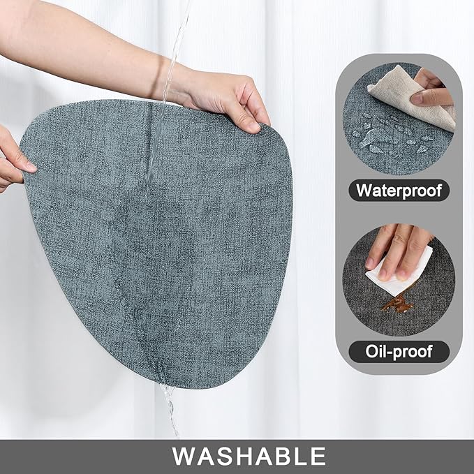 Placemats and Coasters, Washable Reversible Placemats Round Faux Leather Wipeable Place Mats Non Slip Heat Resistant Indoor Outdoor Table Mats (Set of 4, Gray Light Blue)