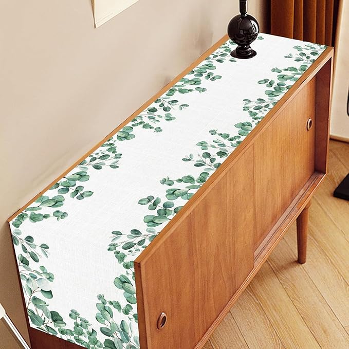 Farmhouse Table Runner, Green Eucalyptus Spring Summer Seasonal Plants Rustic Country Cafe Coffee Table Center Decor for Home Kitchen Dining Patio Indoor Outdoor Table Decorations, 13"x36" Inch