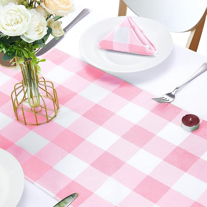 Fabric Checkered Table Runner 12 Pack Waterproof Gingham Table Runner 14W x 108L Buffalo Check Table Runners for Parties Kitchen Dining Wedding Banquet (Pink and White)