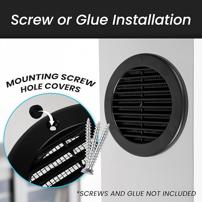 Repa Market 4 Inch (Opening) Black Round Air Vent Cover - Pack of 5 Plastic Fresh Air Intake Vent - Grill Cover with Nylon Mesh Screen - Wall or Ceiling HVAC Return Air Register - Modern Soffit Vents