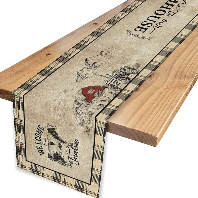 Farmhouse Table Runner, Rustic Country Barn Cottage Rooster Cow Check Animal Coffee Table Center Decor for Home Kitchen Dining Patio Holiday Party Indoor Outdoor Table Decorations 13"x90"