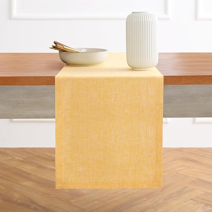 Solino Home Linen Table Runner 72 Inches Long - Athena, 100% Pure Linen Chambray Mustard Yellow Table Runner 14 x 72 Inch for Dining, Spring, Easter