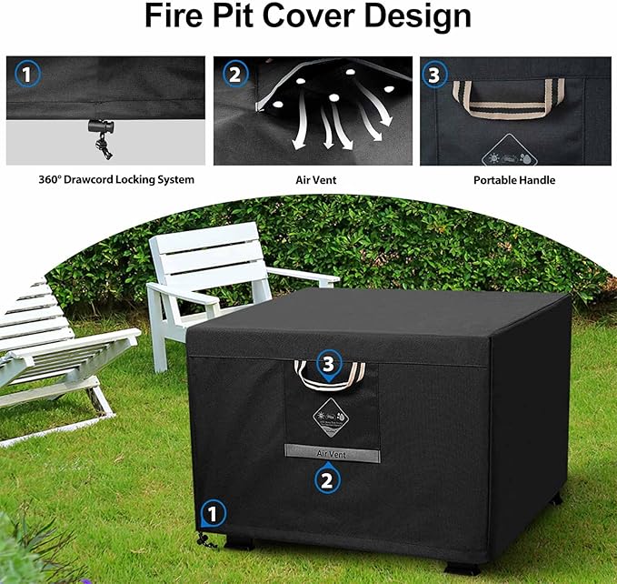 QH.HOME Fire Pit Cover Square Heavy Duty Fabric 100% Waterproof, Fits Outdoor for 29”,30 inch,31 inch,32 inch Fire Pit/Table Cover,Gas Fire Pit Cover (32”L x 32”W x 24”H,Black)