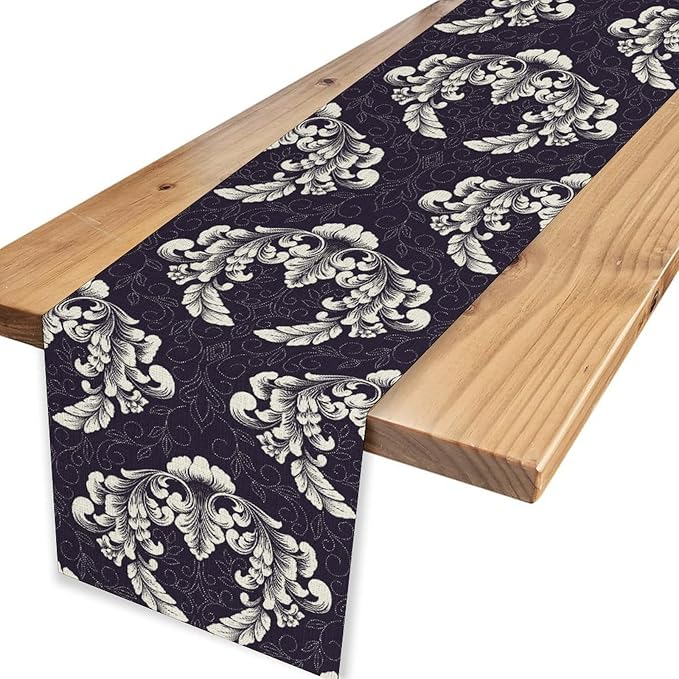 Gothic Table Runner, Antique Retro Damask Floral Bohemian Boho Purple Rustic Vintage Coffee Table Center Decor for Kitchen and Dining Outdoor Home Country Party Table Decorations, 13"x36"