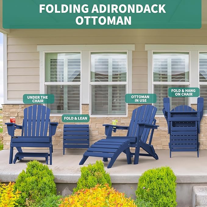 FUNBERRY Folding Adirondack Ottoman, HDPE All Weather Outdoor Foot Rest, Easy Storage Patio Footstool, Ottomans and Footstools for Outside