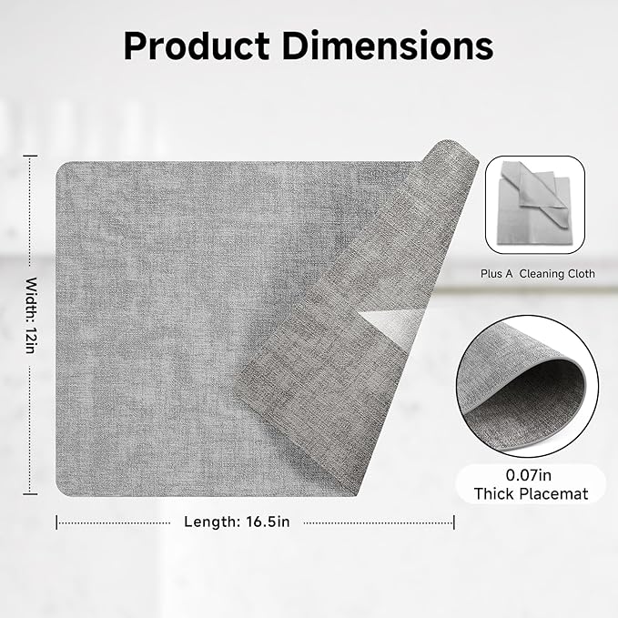 Faux Leather Vinyl Placemats Set of 4 Wipeable Heat Resistant Place Mats 100% Washable - Waterproof - Anti Slip Reversible Table Mats for Kitchen/Dining/Party, 12" x 16.5", Smokey Grey & Dark Grey