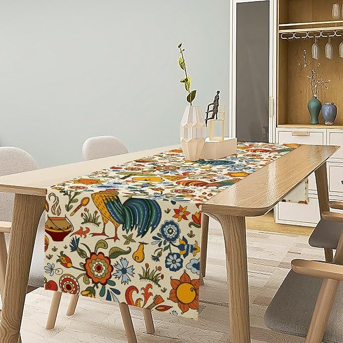 Farm Animal Table Runner, Boho Folk Style Country Rustic Farmhouse Rooster Flower Print Table Runner for Home Kitchen Dining Holiday Decor, 13x108inch
