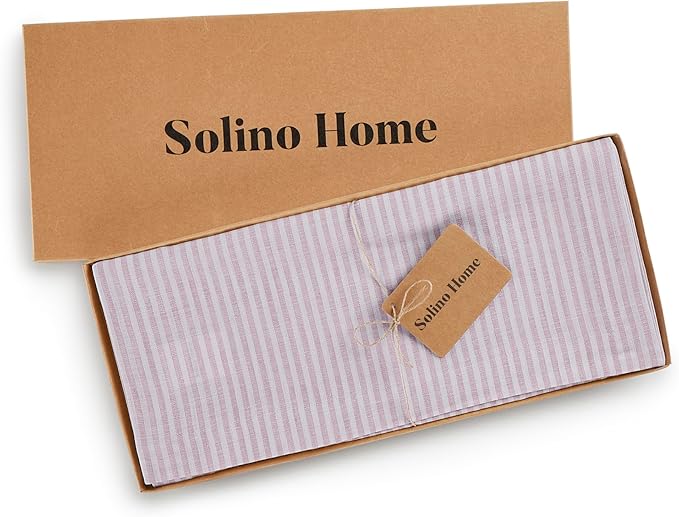 Solino Home Linen Striped Table Runner 36 Inches - Narrow Stripe, 100% Pure Linen Pink and White Small Table Runner 14 x 36 Inch Ideal for Dresser and Coffee Tables, Valentines, Spring, Easter