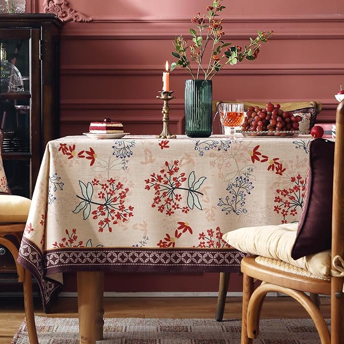 patdrea Designer French Linen Long Rectangle Tablecloth for Rectangle Table,Vintage Red Floral Tablecloths,Table Cover for Kitchen Dining,Tea Party,Christmas,Thanksgiving,Holiday,55"x79"-Newmari