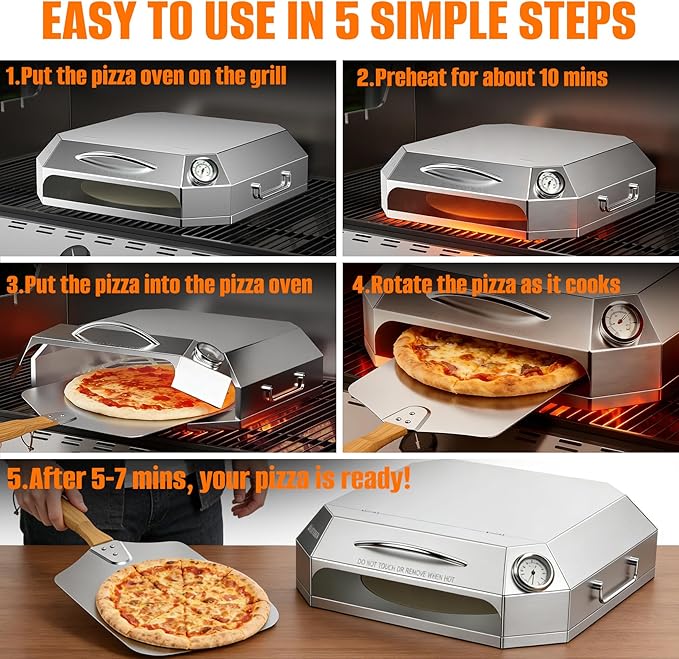 Onlyfire Stainless Steel Pizza Oven Kit for Gas Grill, Charcoal Grill and Propane, Portable Grill Top Pizza Oven Kit Baking Tools Including Pizza Stone, Pizza Peel & Thermometer