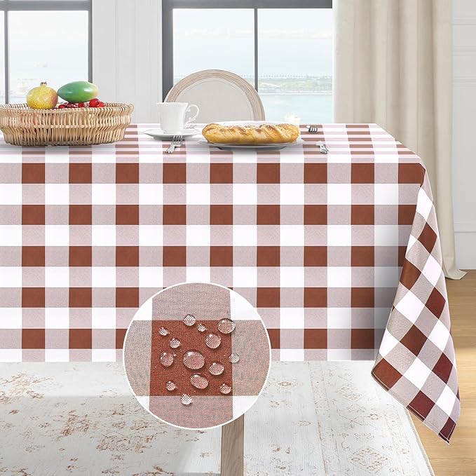 Softalker Gingham Checkered Tablecloth Square - Outdoor Waterproof Buffalo Plaid Table Cloth, Stain Resistant Washable Table Cover for Picnic, Camping, Dining - Rust and White, 54 x 54 Inch