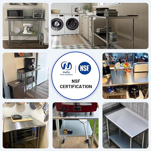 Hally Stainless Steel Table for Prep & Work 14 x 72 Inches, NSF Commercial Heavy Duty Table with Undershelf and Backsplash for Restaurant, Home and Hotel