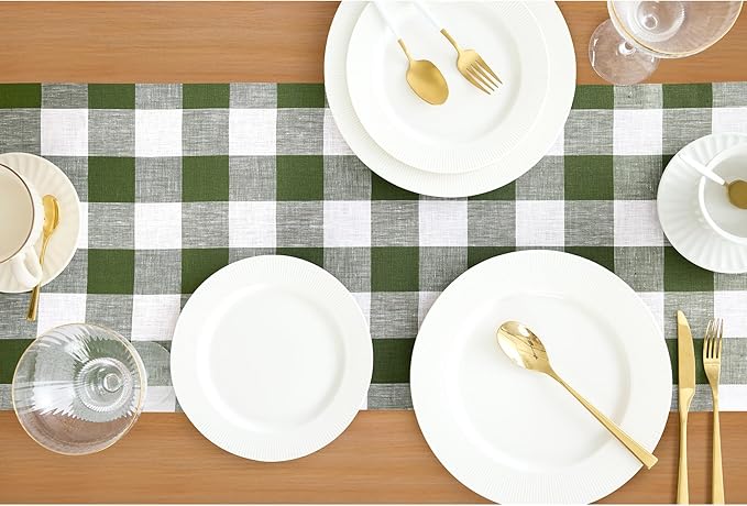 Solino Home Linen Table Runner 48 Inches - 100% Pure Linen Buffalo Check Olive and White Table Runner 14 x 48 Inch Ideal for Dresser and Coffee Tables, Spring, St Patricks Day, Easter