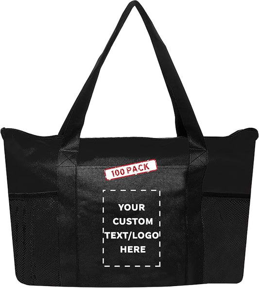 DISCOUNT PROMOS 100 Zippered Non-Woven Tote Bags Set - Customizable Text, Logo - Mesh Pocket, Zippered, Recyclable, Reusable - Black - 19"X14"X3", with Zipper